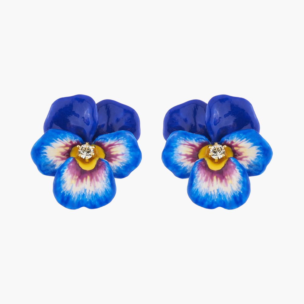 Jewelry - Blue pansy and faceted crystal dormeuses earrings - LES NÉRÉIDES PARIS