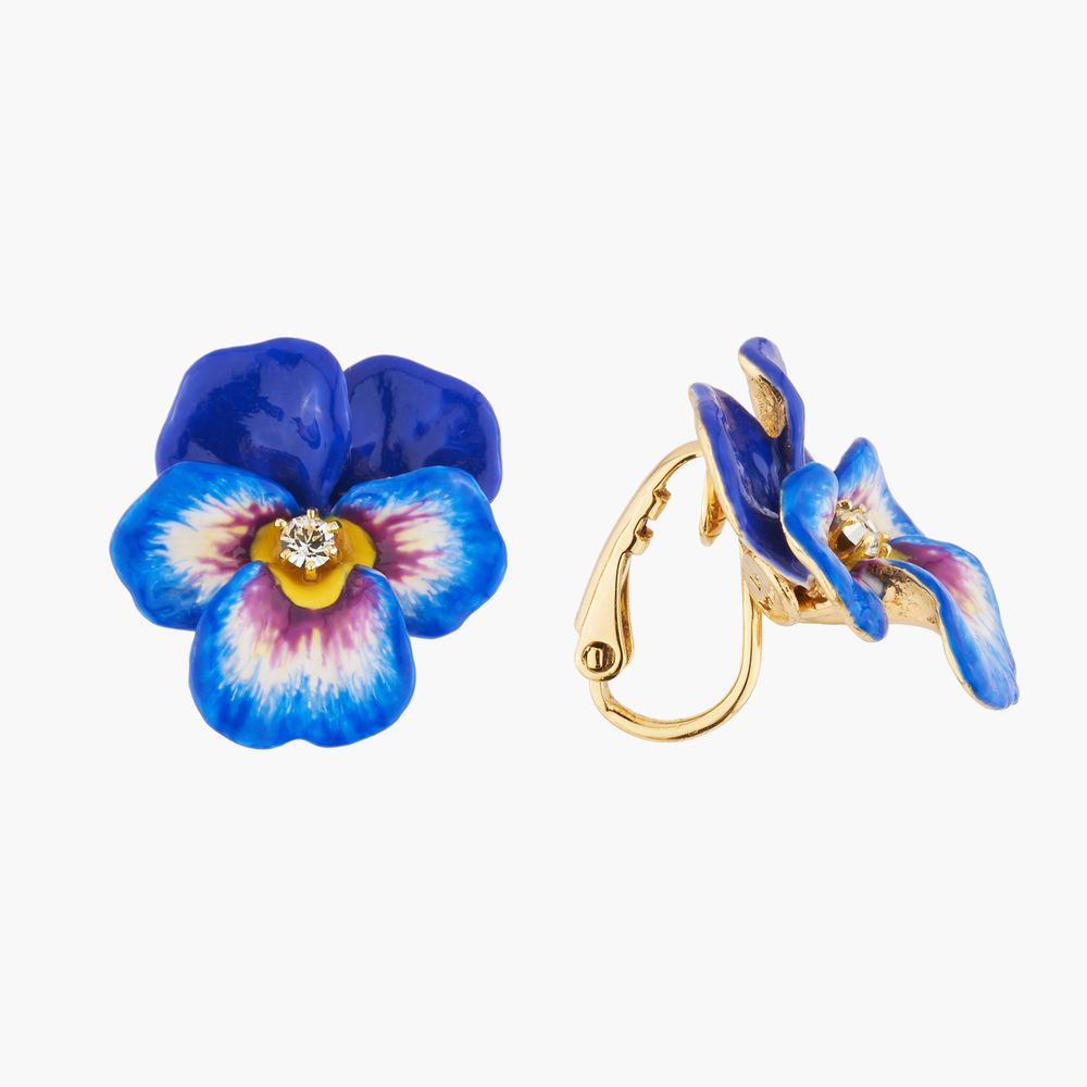 Jewelry - Blue pansy and faceted crystal dormeuses earrings - LES NÉRÉIDES PARIS