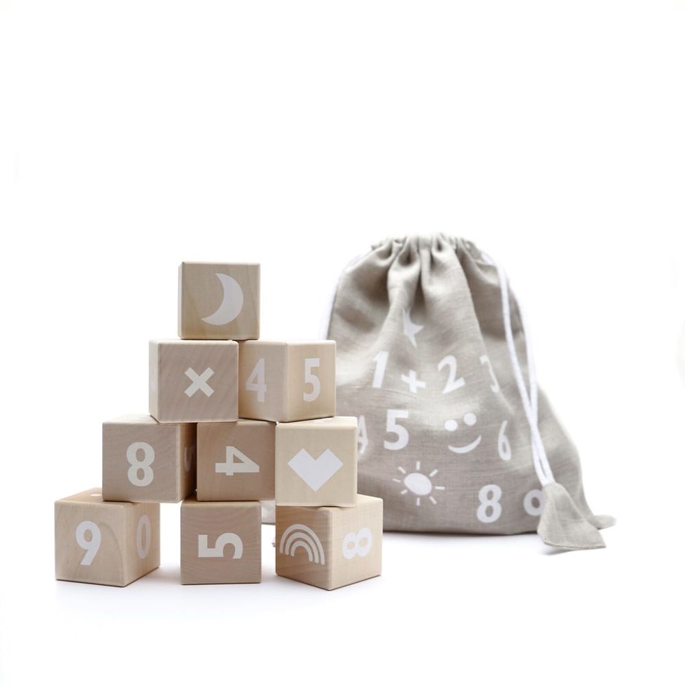 Toys - Math Blocks - Ten wooden math-themed blocks with emojis in a cotton linen sack - OOH NOO