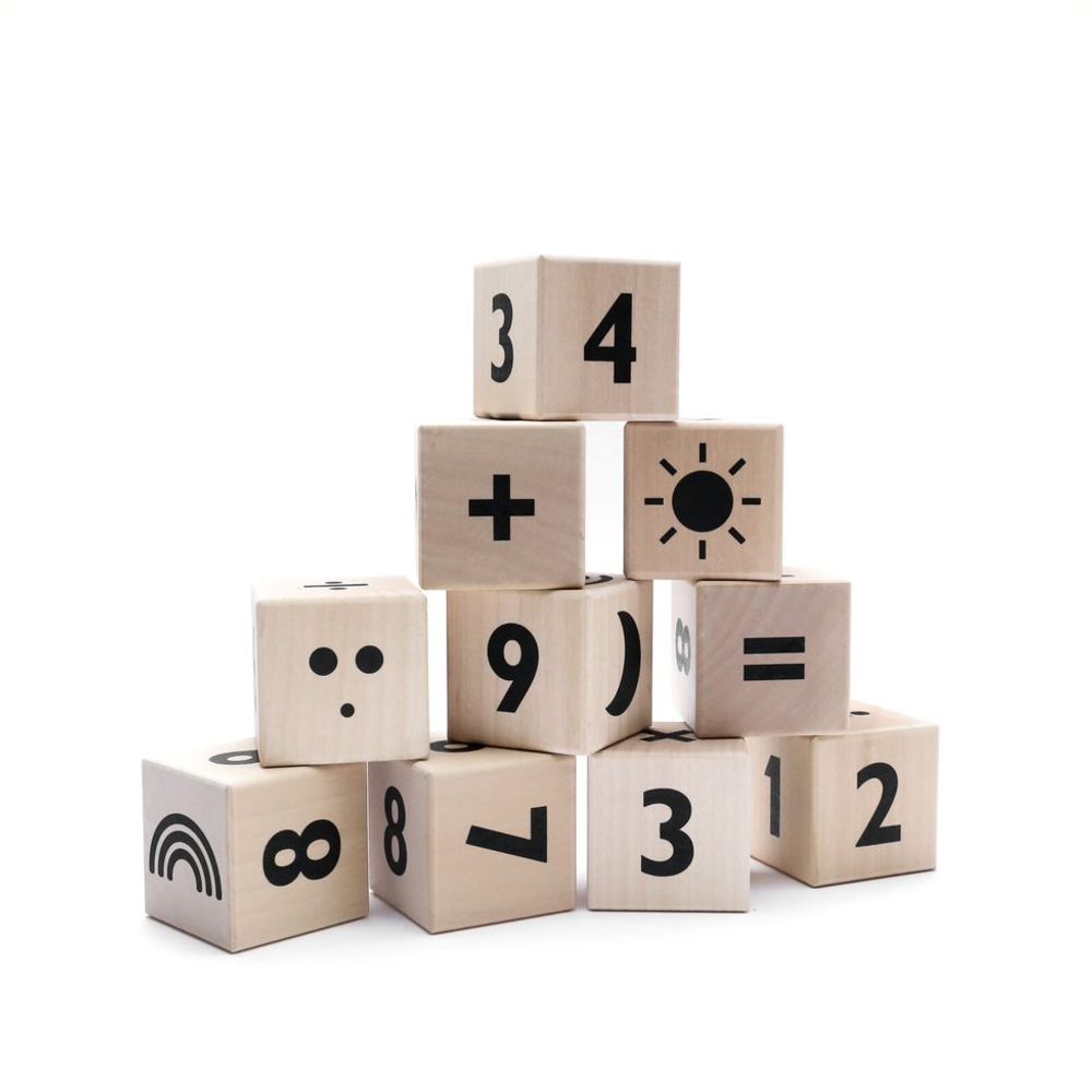 Toys - Math Blocks - Ten wooden math-themed blocks with emojis in a cotton linen sack - OOH NOO