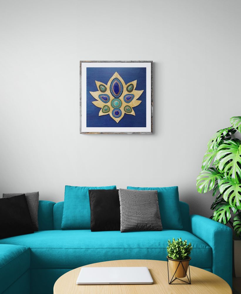 Orfèvrerie - Tableau en métal et pierres fines BLUE LOTUS - FLAVYART