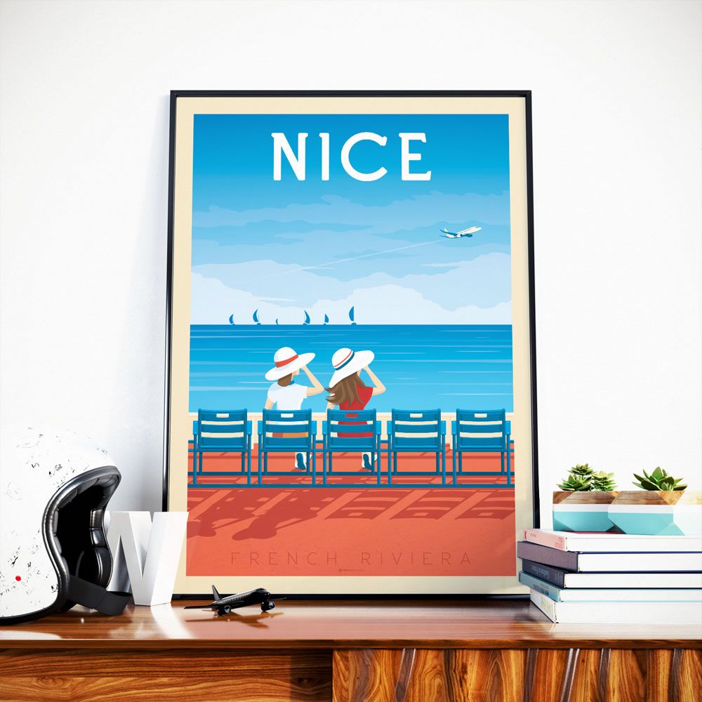 Affiches - AFFICHE VOYAGE VINTAGE NICE FRANCE | POSTER ILLUSTRATION VILLE NICE CÔTE D'AZUR FRANCE - OLAHOOP TRAVEL POSTERS