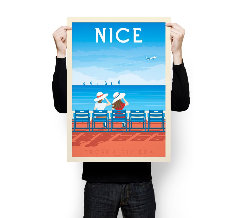 Affiches - AFFICHE VOYAGE VINTAGE NICE FRANCE | POSTER ILLUSTRATION VILLE NICE CÔTE D'AZUR FRANCE - OLAHOOP TRAVEL POSTERS