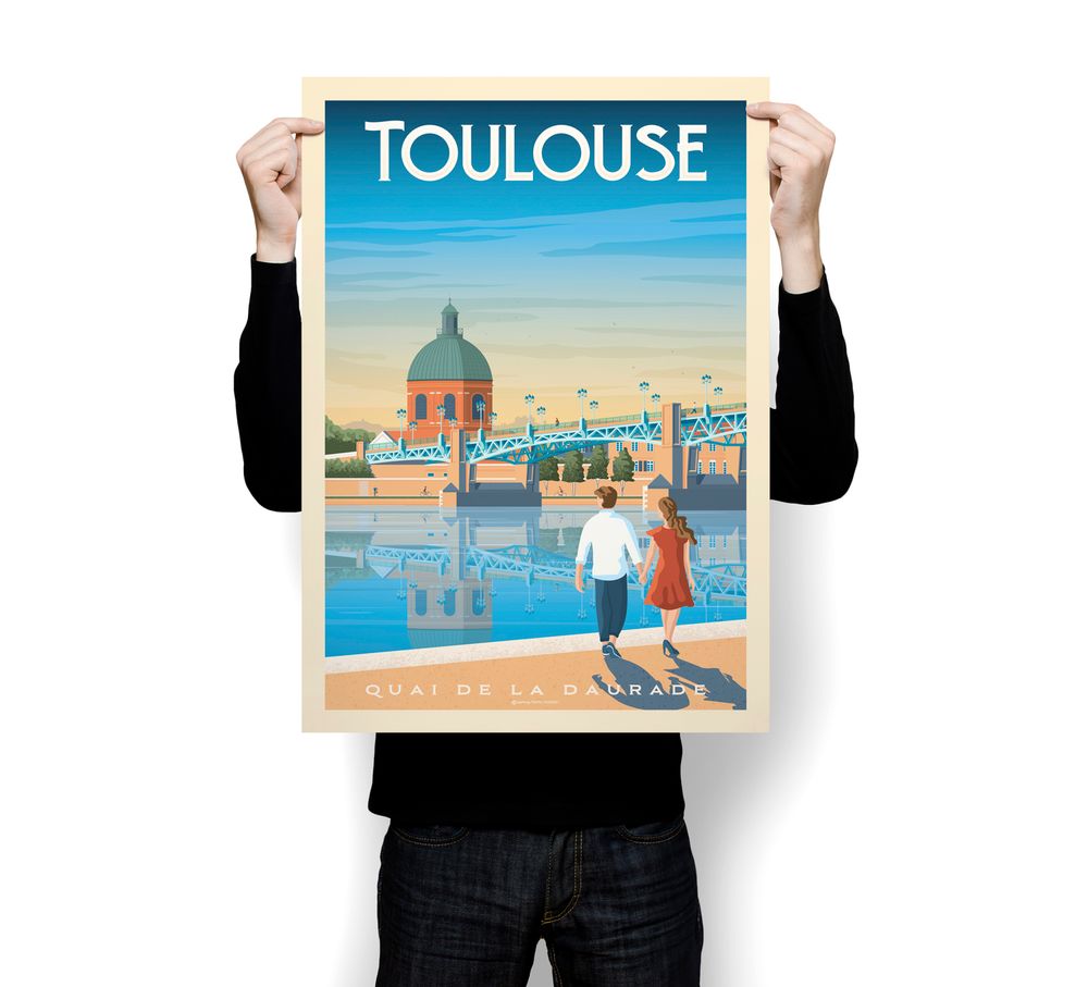 Poster - TOULOUSE FRANCE VINTAGE TRAVEL POSTER | TOULOUSE FRANCE - QUAI DE LA DAURADE POSTER CITY ILLUSTRATION - OLAHOOP TRAVEL POSTERS