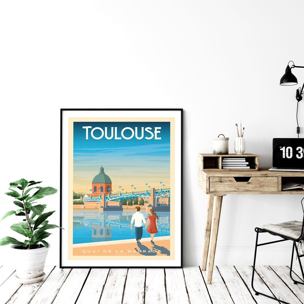 Poster - TOULOUSE FRANCE VINTAGE TRAVEL POSTER | TOULOUSE FRANCE - QUAI DE LA DAURADE POSTER CITY ILLUSTRATION - OLAHOOP TRAVEL POSTERS