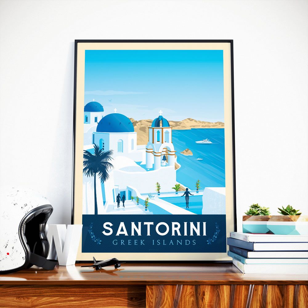 Office design and planning - VINTAGE TRAVEL POSTER SANTORINI GREECE | SANTORINI GREECE CITY ILLUSTRATION PRINT - OLAHOOP TRAVEL POSTERS