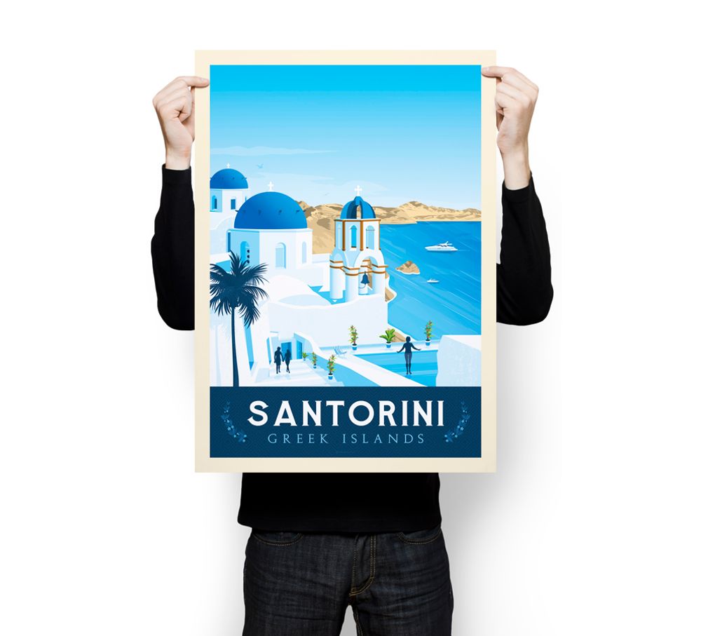 Office design and planning - VINTAGE TRAVEL POSTER SANTORINI GREECE | SANTORINI GREECE CITY ILLUSTRATION PRINT - OLAHOOP TRAVEL POSTERS