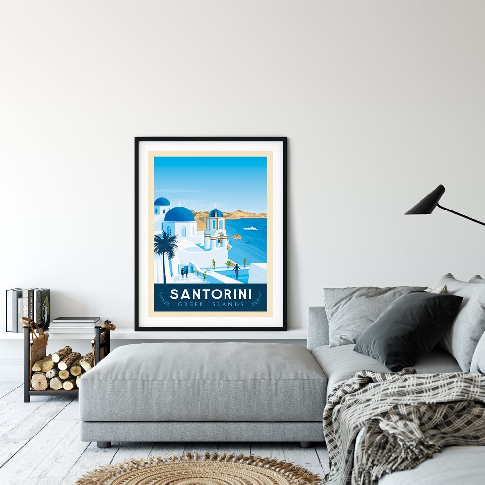 Office design and planning - VINTAGE TRAVEL POSTER SANTORINI GREECE | SANTORINI GREECE CITY ILLUSTRATION PRINT - OLAHOOP TRAVEL POSTERS