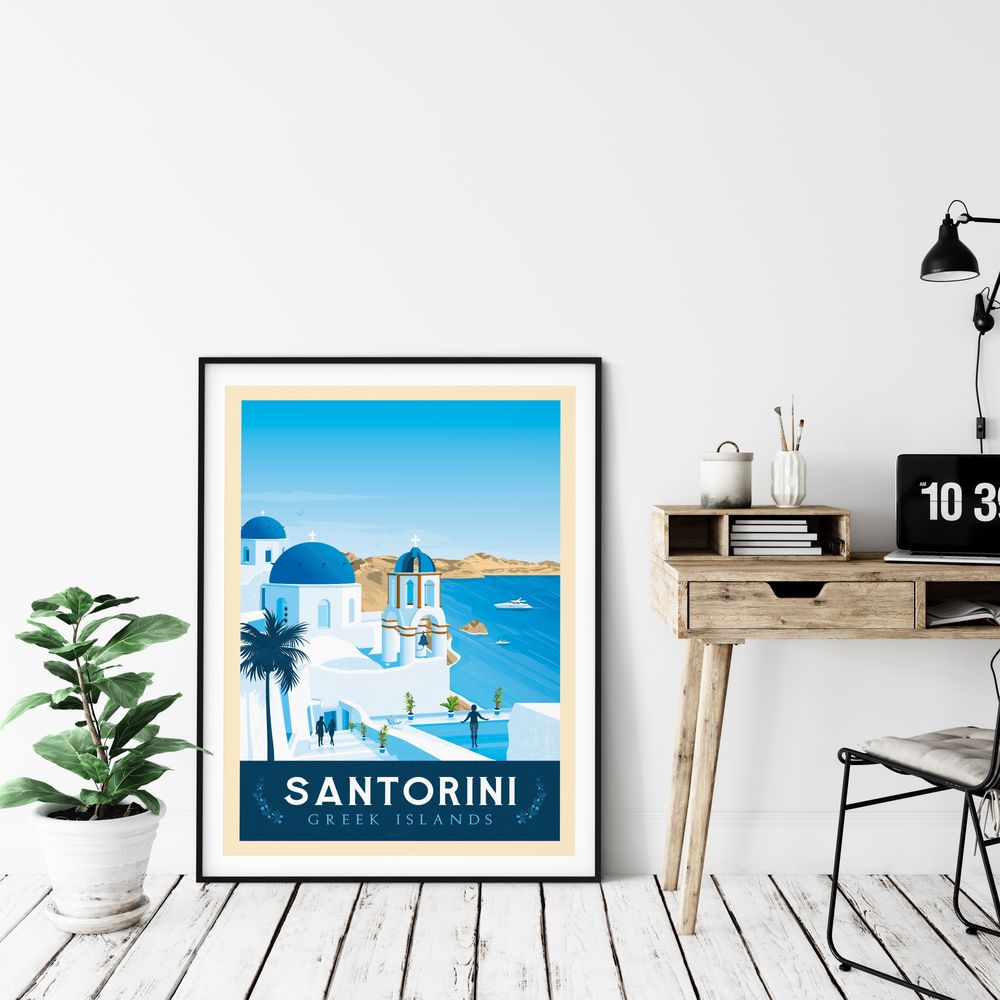 Office design and planning - VINTAGE TRAVEL POSTER SANTORINI GREECE | SANTORINI GREECE CITY ILLUSTRATION PRINT - OLAHOOP TRAVEL POSTERS