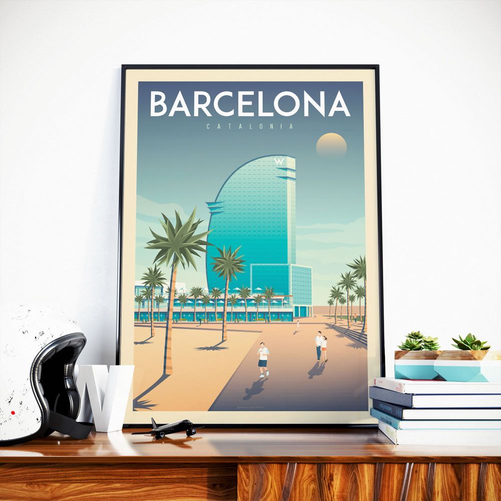 Affiches - AFFICHE VOYAGE VINTAGE BARCELONE ESPAGNE | POSTER ILLUSTRATION VILLE BARCELONE ESPAGNE - OLAHOOP TRAVEL POSTERS