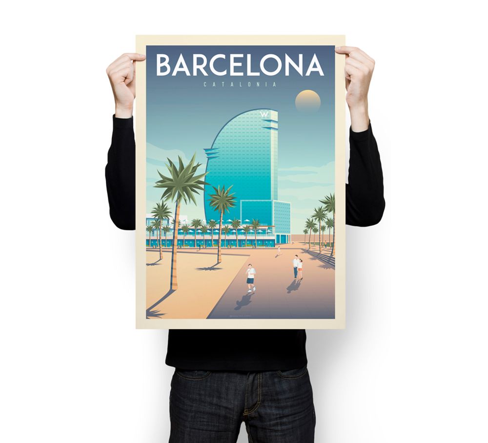 Affiches - AFFICHE VOYAGE VINTAGE BARCELONE ESPAGNE | POSTER ILLUSTRATION VILLE BARCELONE ESPAGNE - OLAHOOP TRAVEL POSTERS
