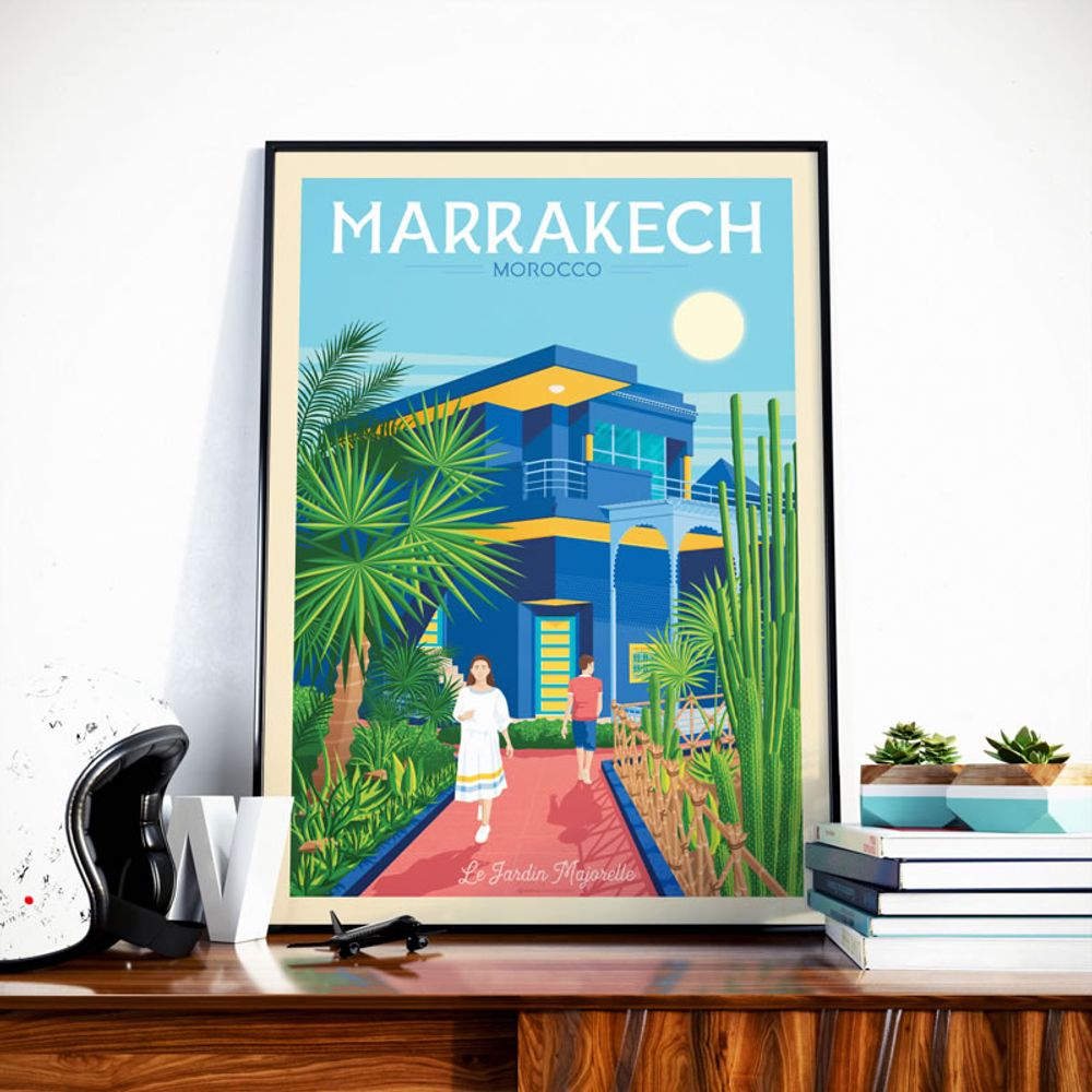 Affiches - AFFICHE VOYAGE VINTAGE MARRAKECH MAROC | POSTER ILLUSTRATION VILLE MARRAKECH MAROC - JARDIN MAJORELLE - OLAHOOP TRAVEL POSTERS