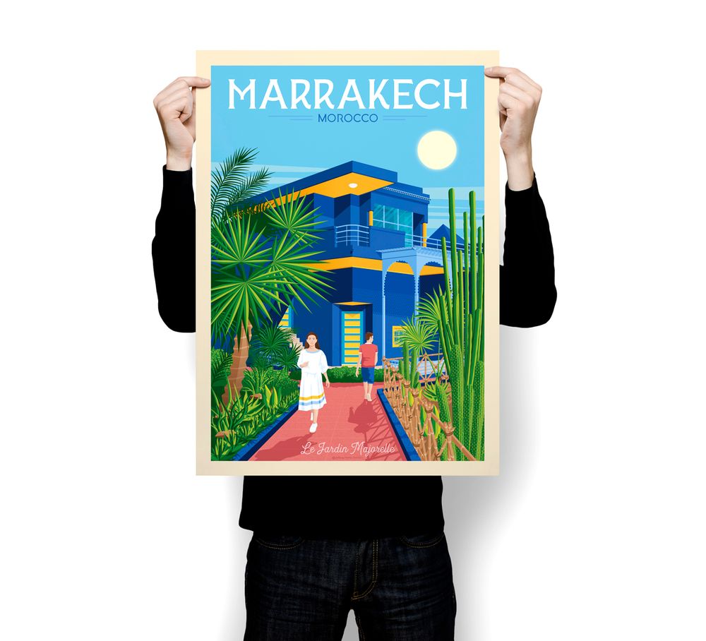 Affiches - AFFICHE VOYAGE VINTAGE MARRAKECH MAROC | POSTER ILLUSTRATION VILLE MARRAKECH MAROC - JARDIN MAJORELLE - OLAHOOP TRAVEL POSTERS