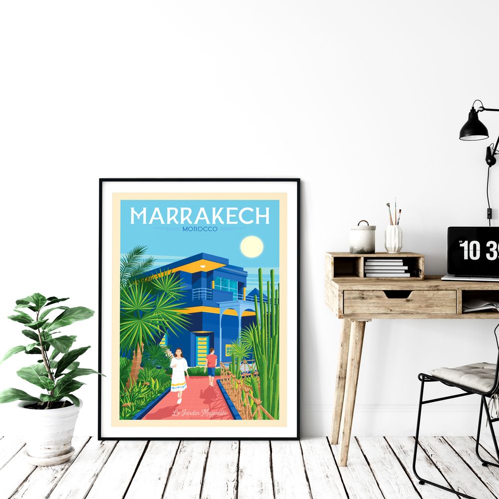 Affiches - AFFICHE VOYAGE VINTAGE MARRAKECH MAROC | POSTER ILLUSTRATION VILLE MARRAKECH MAROC - JARDIN MAJORELLE - OLAHOOP TRAVEL POSTERS