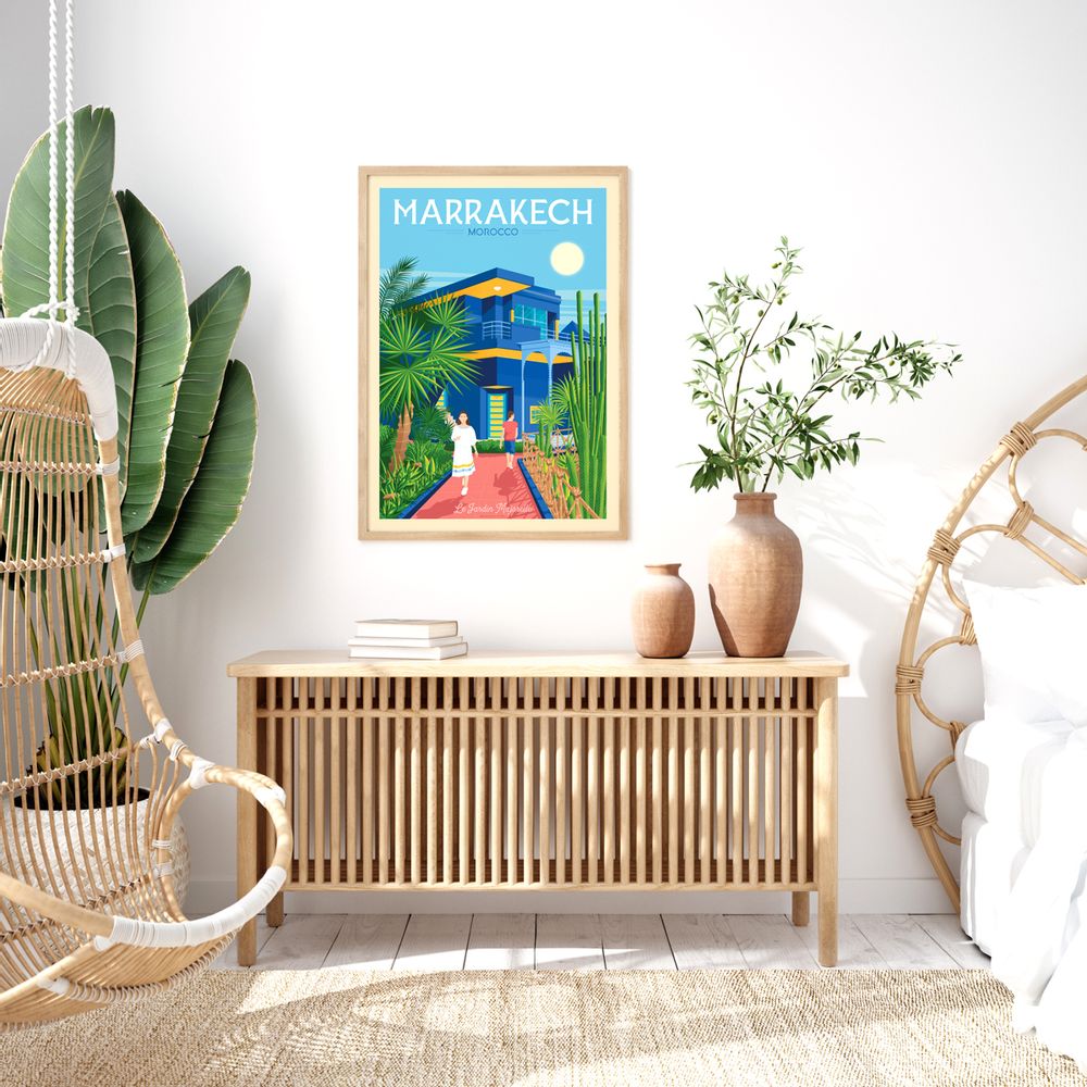 Affiches - AFFICHE VOYAGE VINTAGE MARRAKECH MAROC | POSTER ILLUSTRATION VILLE MARRAKECH MAROC - JARDIN MAJORELLE - OLAHOOP TRAVEL POSTERS