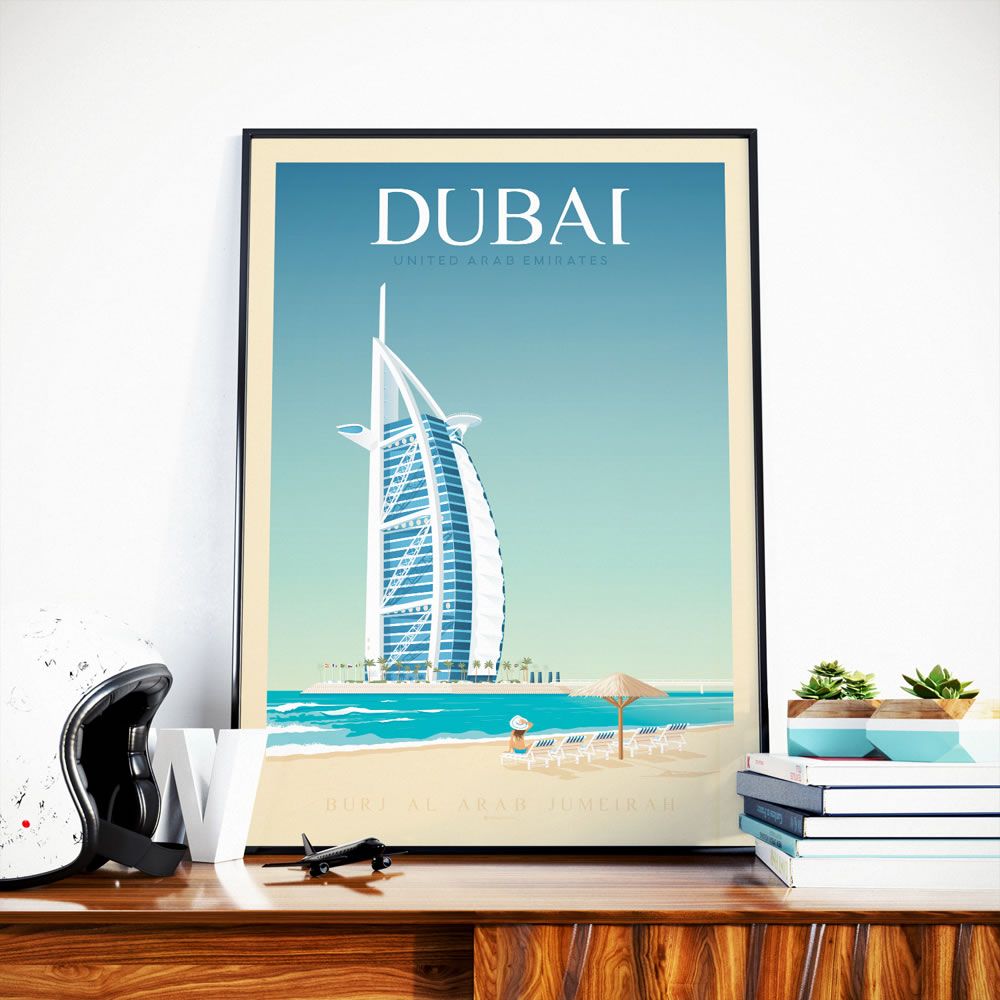 Aménagements pour bureau - AFFICHE VOYAGE VINTAGE DUBAI | POSTER ILLUSTRATION VILLE DUBAI - BURJ AL ARAB HOTEL - OLAHOOP TRAVEL POSTERS