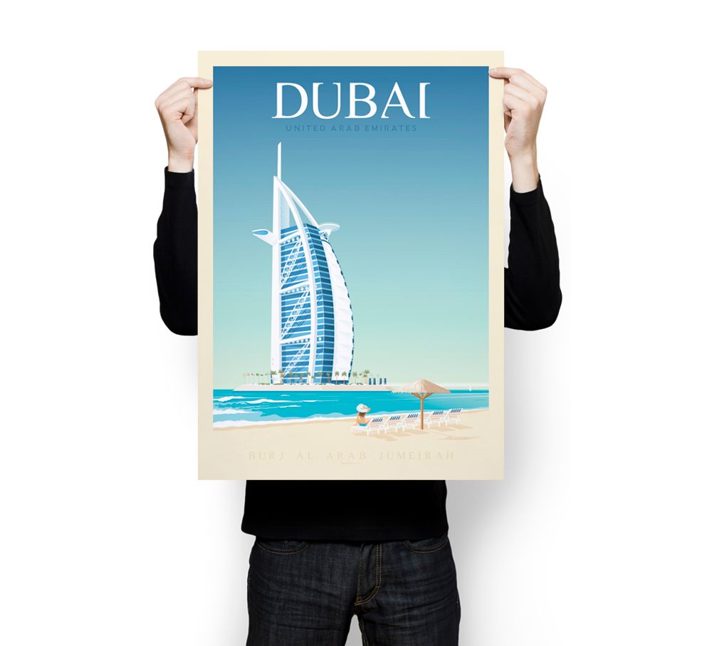 Aménagements pour bureau - AFFICHE VOYAGE VINTAGE DUBAI | POSTER ILLUSTRATION VILLE DUBAI - BURJ AL ARAB HOTEL - OLAHOOP TRAVEL POSTERS