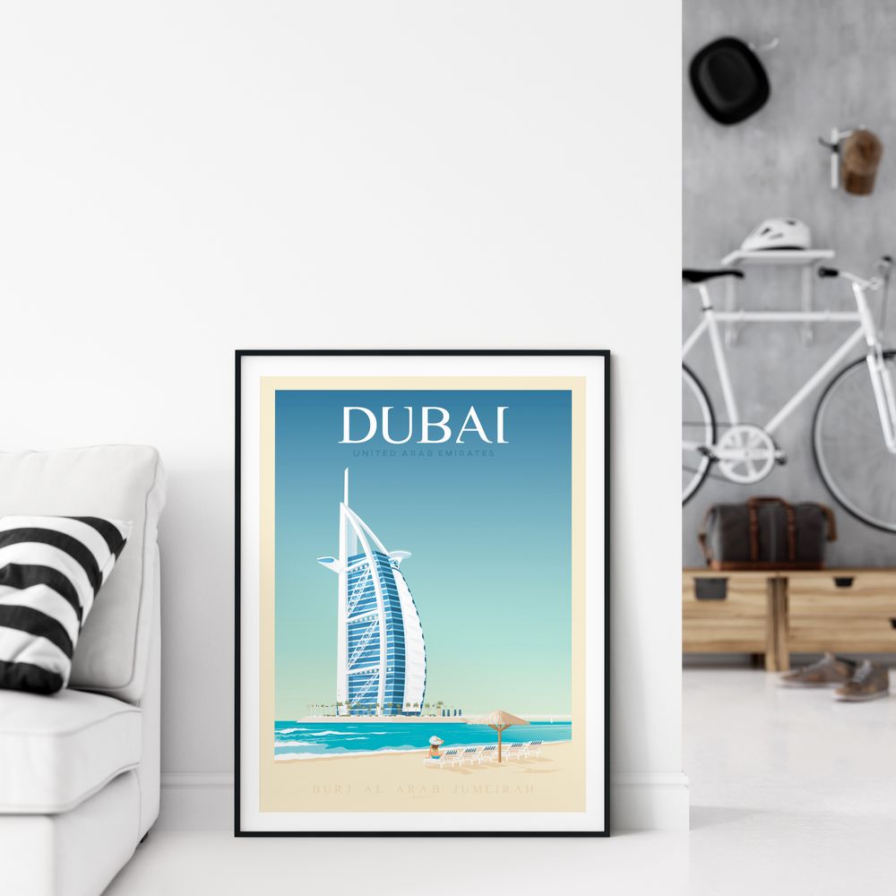 Aménagements pour bureau - AFFICHE VOYAGE VINTAGE DUBAI | POSTER ILLUSTRATION VILLE DUBAI - BURJ AL ARAB HOTEL - OLAHOOP TRAVEL POSTERS