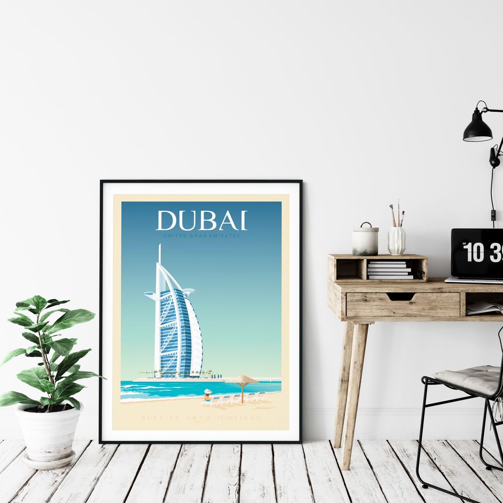 Aménagements pour bureau - AFFICHE VOYAGE VINTAGE DUBAI | POSTER ILLUSTRATION VILLE DUBAI - BURJ AL ARAB HOTEL - OLAHOOP TRAVEL POSTERS