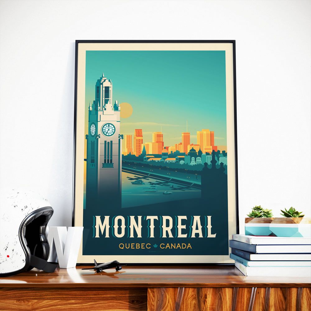 Poster - MONTREAL QUEBEC CANADA VINTAGE TRAVEL POSTER | MONTREAL QUEBEC CANADA - CLOCK TOWER CITY ILLUSTRATION POSTER - OLAHOOP TRAVEL POSTERS