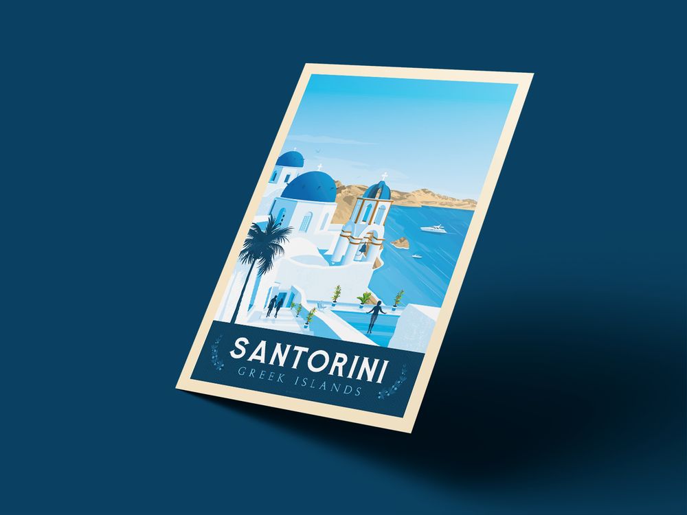 Office design and planning - VINTAGE TRAVEL POSTER SANTORINI GREECE | SANTORINI GREECE CITY ILLUSTRATION PRINT - OLAHOOP TRAVEL POSTERS