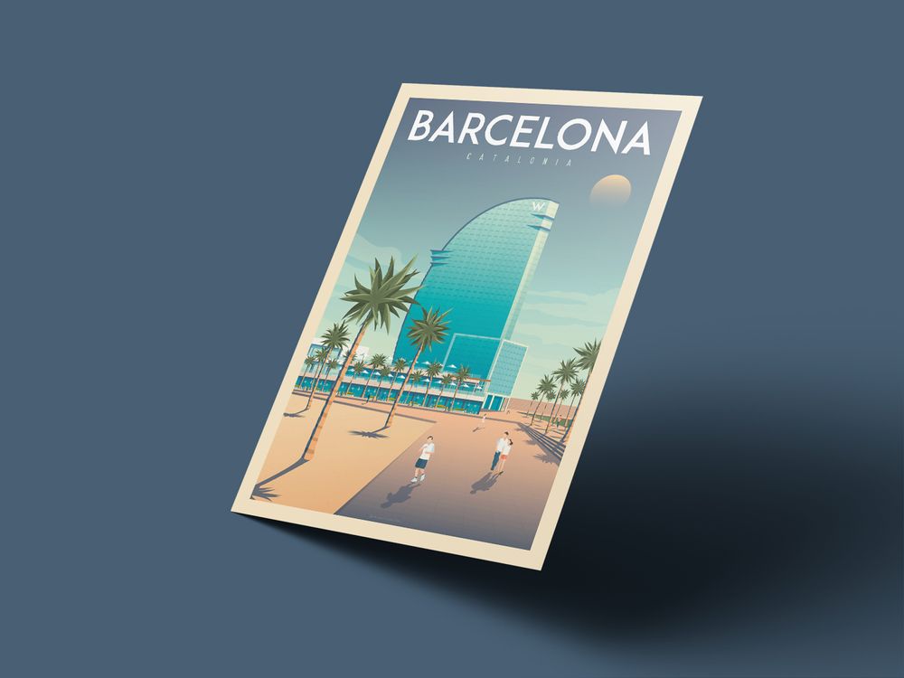 Affiches - AFFICHE VOYAGE VINTAGE BARCELONE ESPAGNE | POSTER ILLUSTRATION VILLE BARCELONE ESPAGNE - OLAHOOP TRAVEL POSTERS