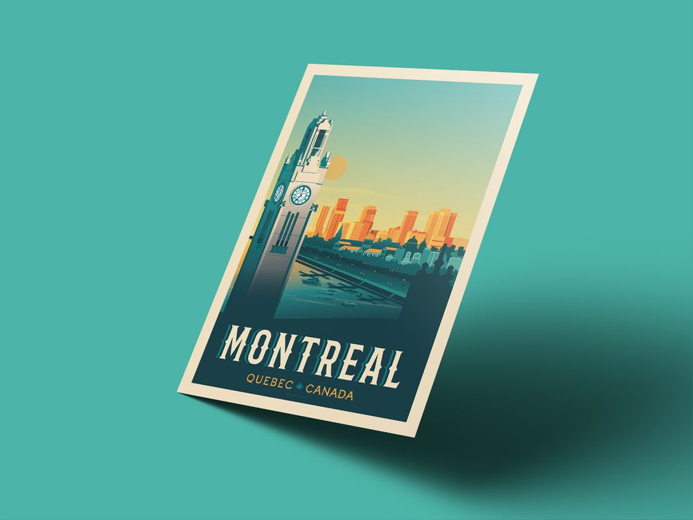 Poster - MONTREAL QUEBEC CANADA VINTAGE TRAVEL POSTER | MONTREAL QUEBEC CANADA - CLOCK TOWER CITY ILLUSTRATION POSTER - OLAHOOP TRAVEL POSTERS