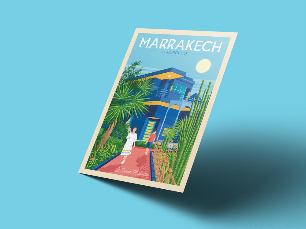 Affiches - AFFICHE VOYAGE VINTAGE MARRAKECH MAROC | POSTER ILLUSTRATION VILLE MARRAKECH MAROC - JARDIN MAJORELLE - OLAHOOP TRAVEL POSTERS