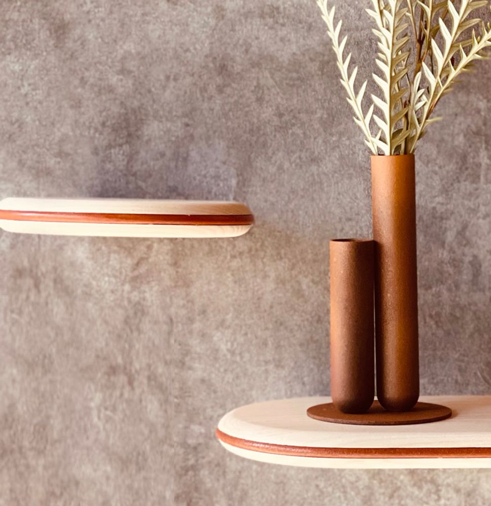 Shelves - Bleached ash floating shelf - leather trim - Set 1 - MADEMOISELLE JO