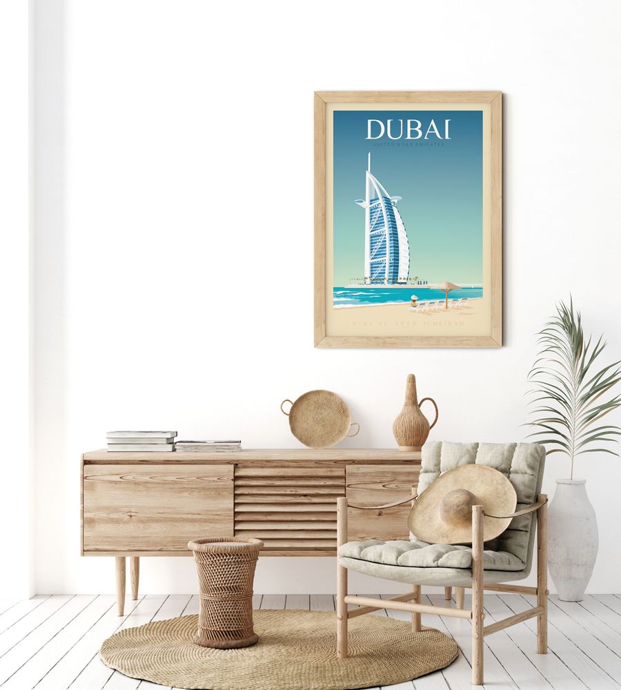 Aménagements pour bureau - AFFICHE VOYAGE VINTAGE DUBAI | POSTER ILLUSTRATION VILLE DUBAI - BURJ AL ARAB HOTEL - OLAHOOP TRAVEL POSTERS