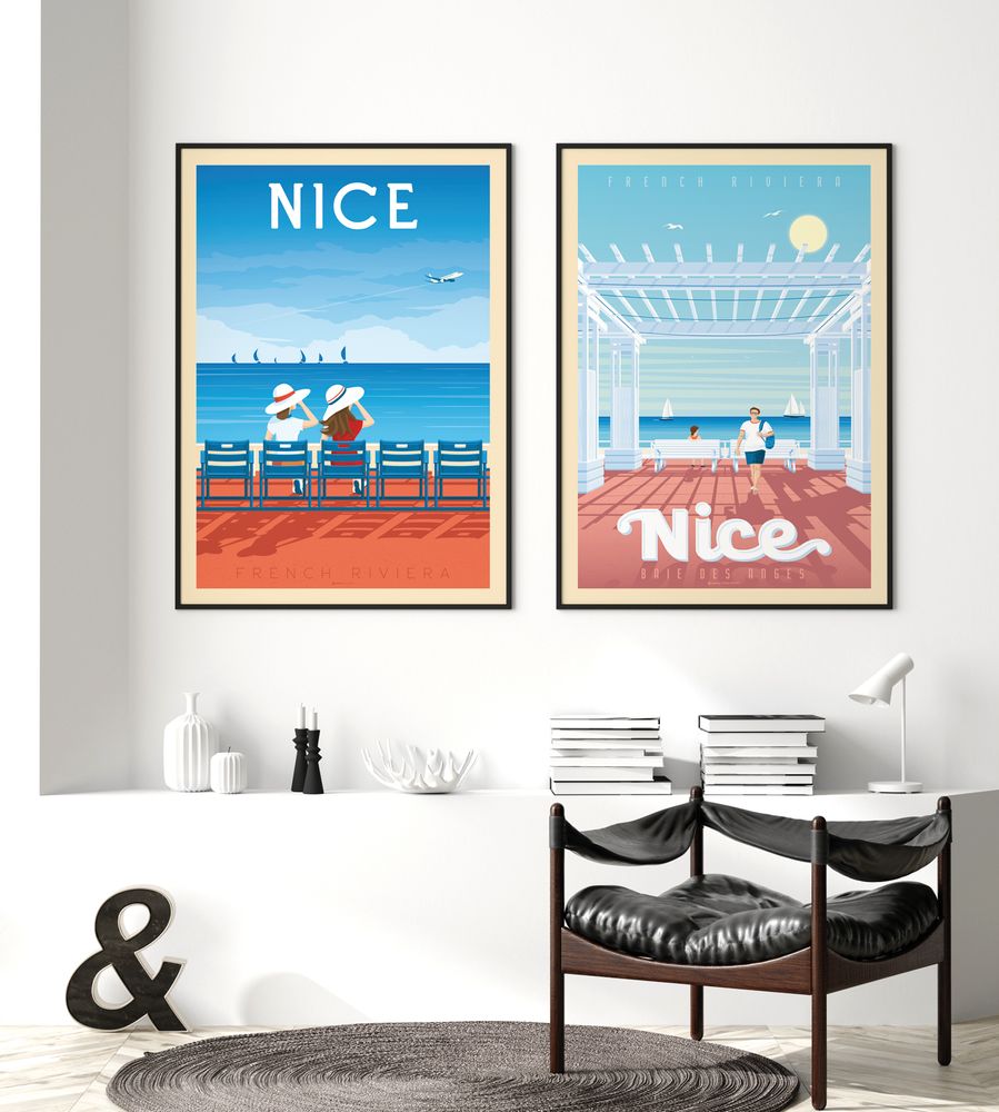 Affiches - AFFICHE VOYAGE VINTAGE NICE FRANCE | POSTER ILLUSTRATION VILLE NICE CÔTE D'AZUR FRANCE - OLAHOOP TRAVEL POSTERS