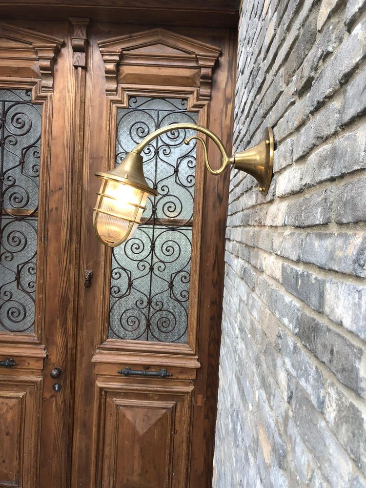 Outdoor wall lamps - Wall light with brass rosette, brass arm and bulkhead lamp 96 - ANDROMEDA LIGHTING