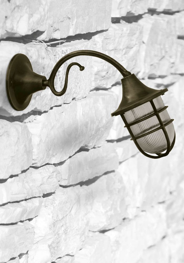 Outdoor wall lamps - Wall light with brass rosette, brass arm and bulkhead lamp 96 - ANDROMEDA LIGHTING