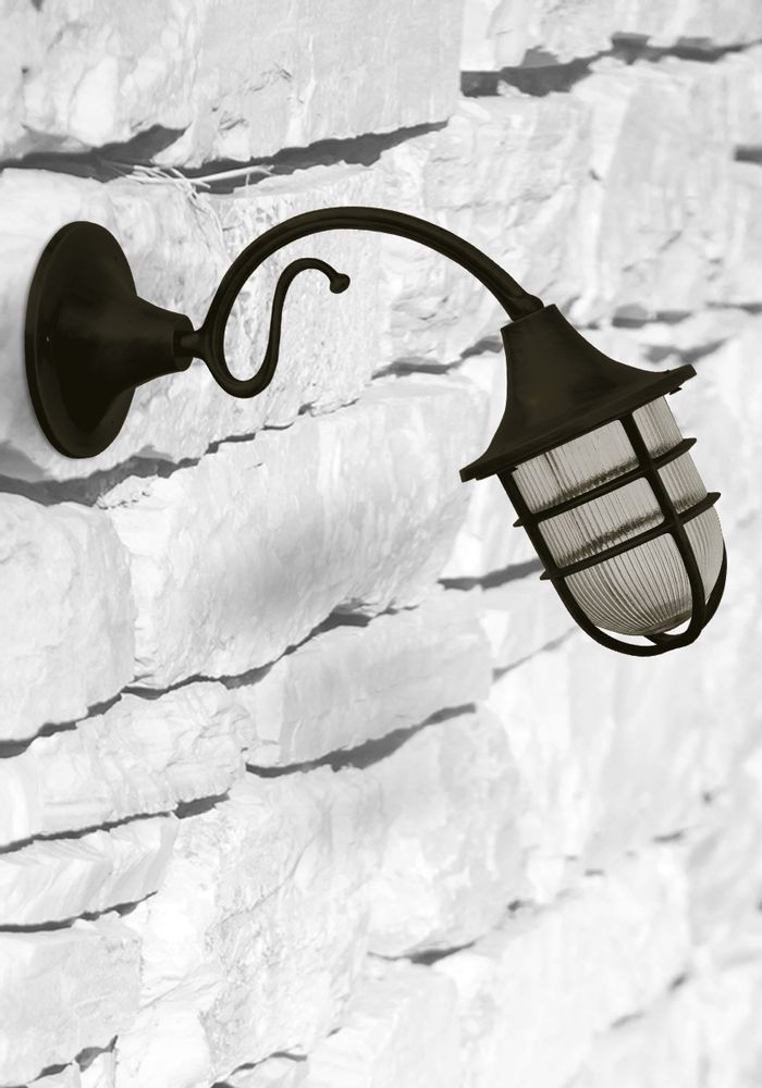 Outdoor wall lamps - Wall light with brass rosette, brass arm and bulkhead lamp 96 - ANDROMEDA LIGHTING