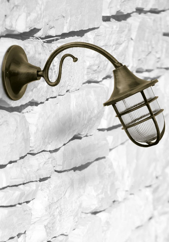 Outdoor wall lamps - Wall light with brass rosette, brass arm and bulkhead lamp 96 - ANDROMEDA LIGHTING