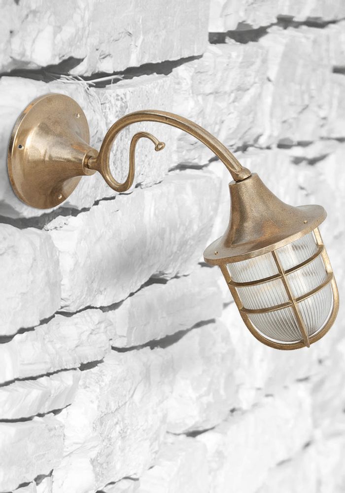Outdoor wall lamps - Wall light with brass rosette, brass arm and bulkhead lamp 96 - ANDROMEDA LIGHTING