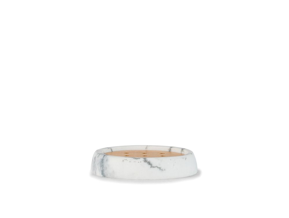 Porte-savons - Grès et bois de frêne. Porte-savon effet marbre blanc Ø10,5x2 cm BA71151 - ANDREA HOUSE