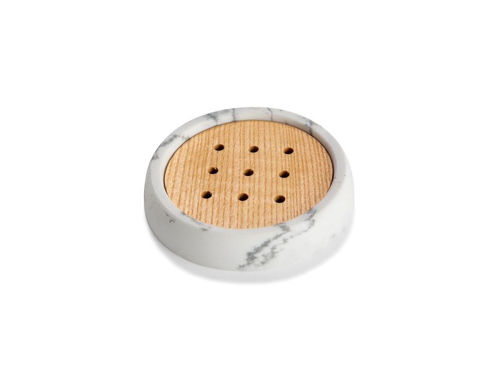 Porte-savons - Grès et bois de frêne. Porte-savon effet marbre blanc Ø10,5x2 cm BA71151 - ANDREA HOUSE
