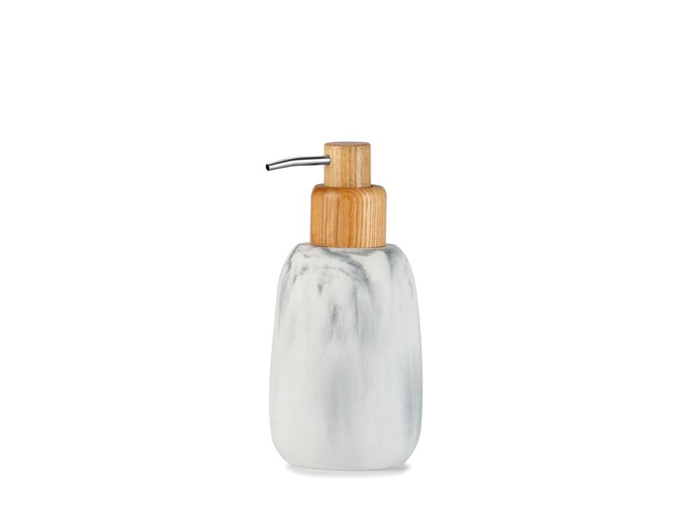 Accessoires à poser - Grès et bois de frêne. Distributeur de savon effet marbre blanc Ø8x17 cm BA71154 - ANDREA HOUSE