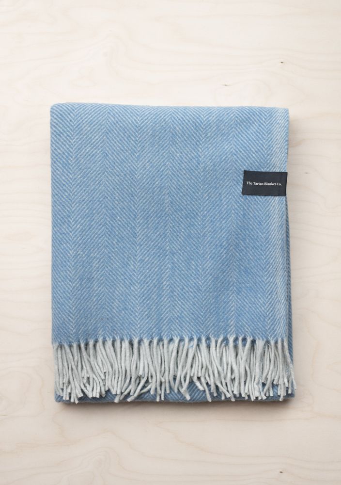 Throw blankets - Recycled Wool Blanket in Sky Blue Herringbone - THE TARTAN BLANKET CO.