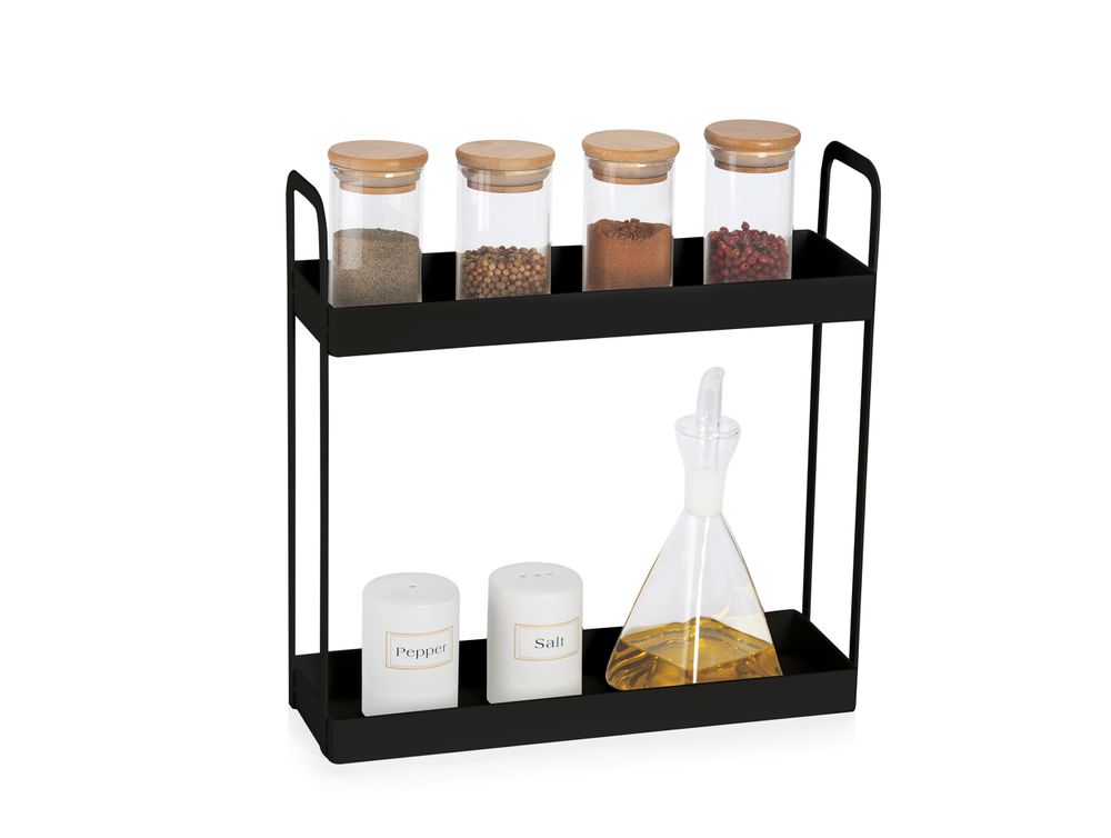 Boîtes de conservation - Organisateur de cuisine en métal noir à 2 niveaux 30,5x10x30 cm CC71123 - ANDREA HOUSE