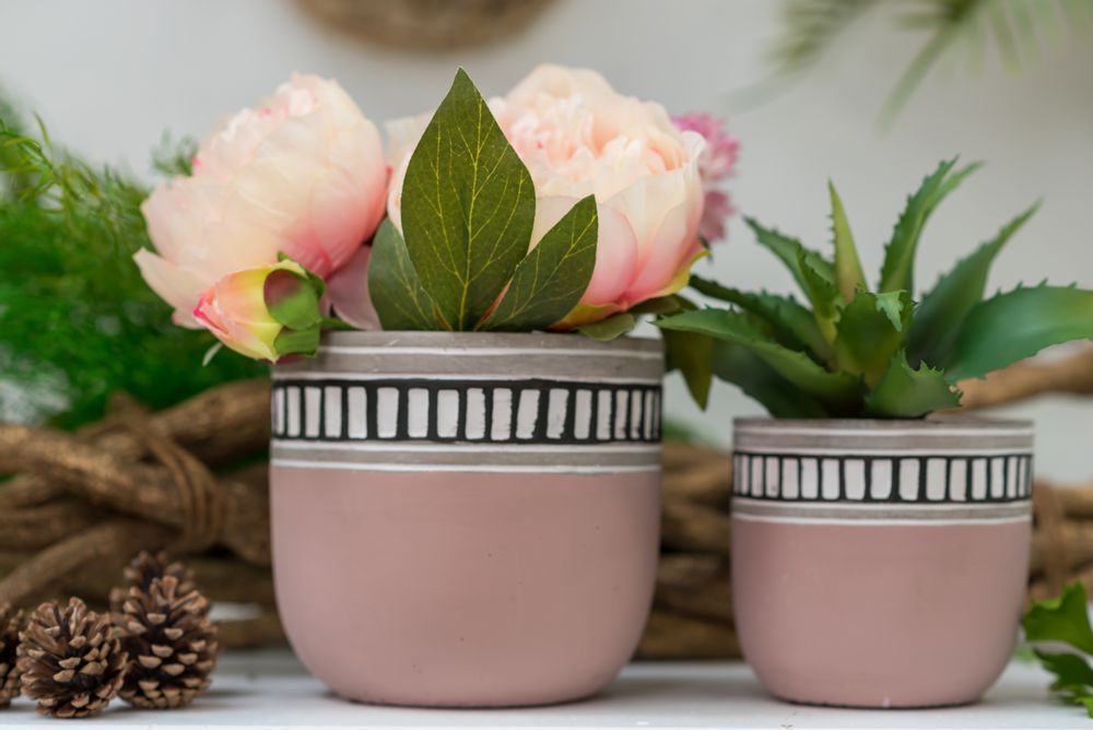 Vases - Pink Cement vase with rectangular border 14x14x13cm - ARTIFLOR
