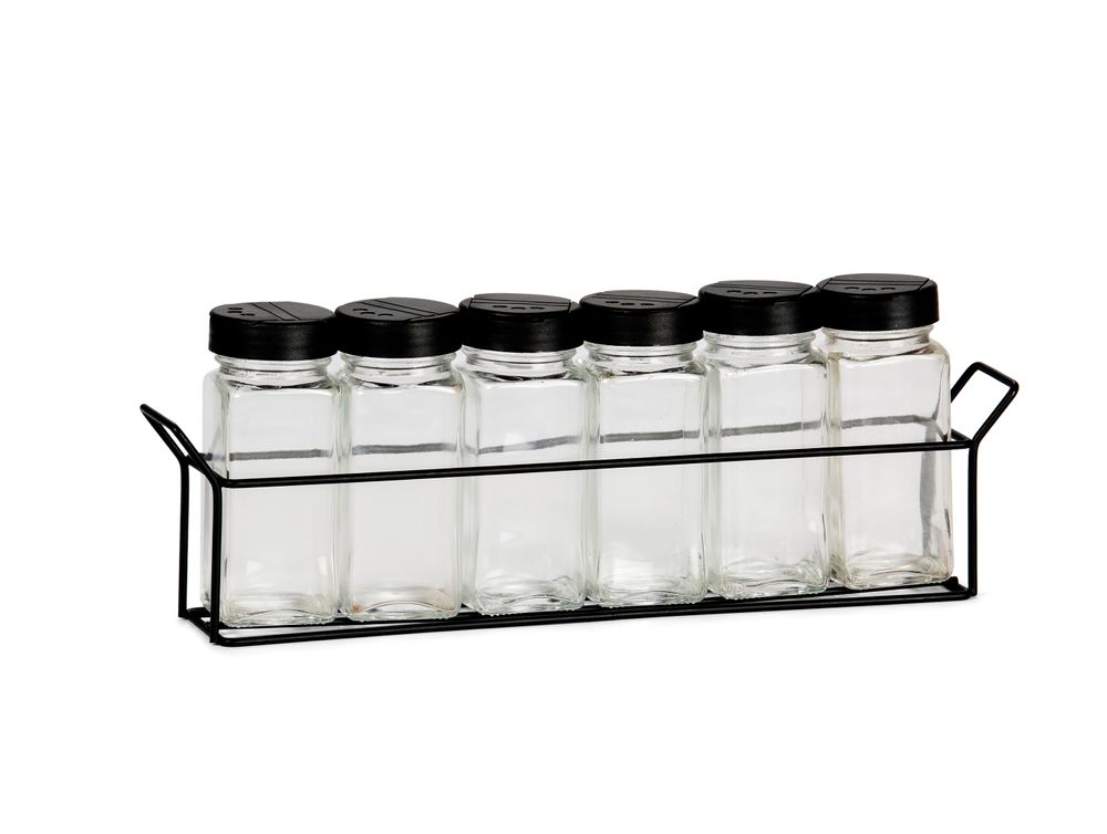 Food storage - Spice rack 6 jars metal and black glass 32x5,5x11 cm CC71036 - ANDREA HOUSE