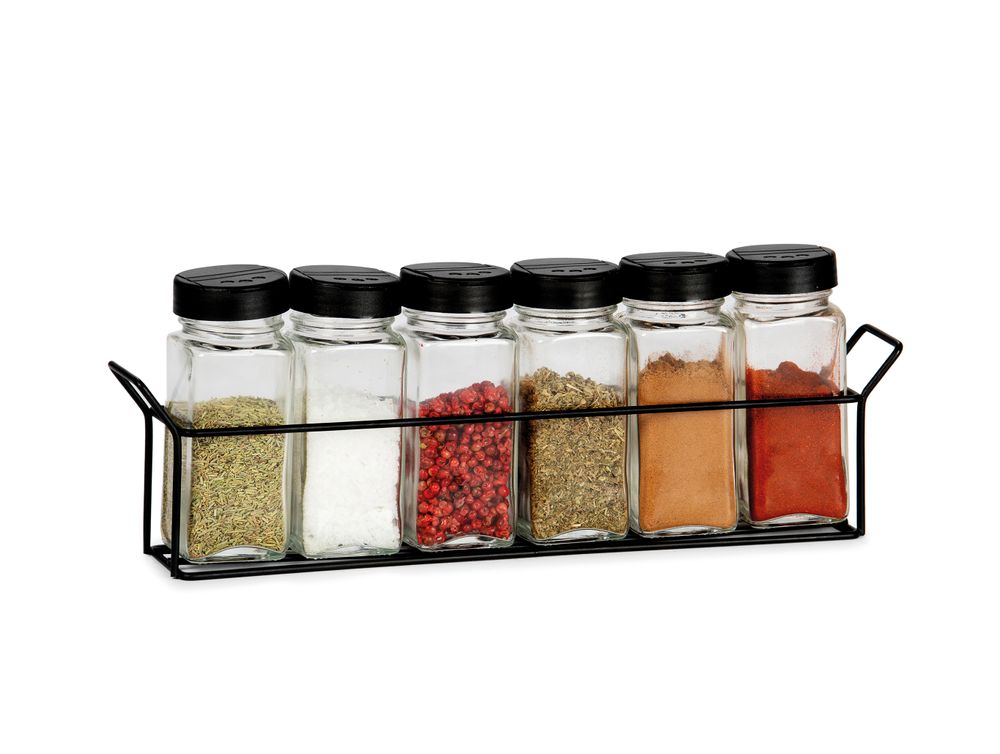 Food storage - Spice rack 6 jars metal and black glass 32x5,5x11 cm CC71036 - ANDREA HOUSE