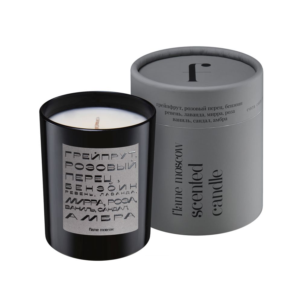 Design objects - Black Scented Candle -250 gr - retro typography design and gift packaging - FLAME MOSCOW