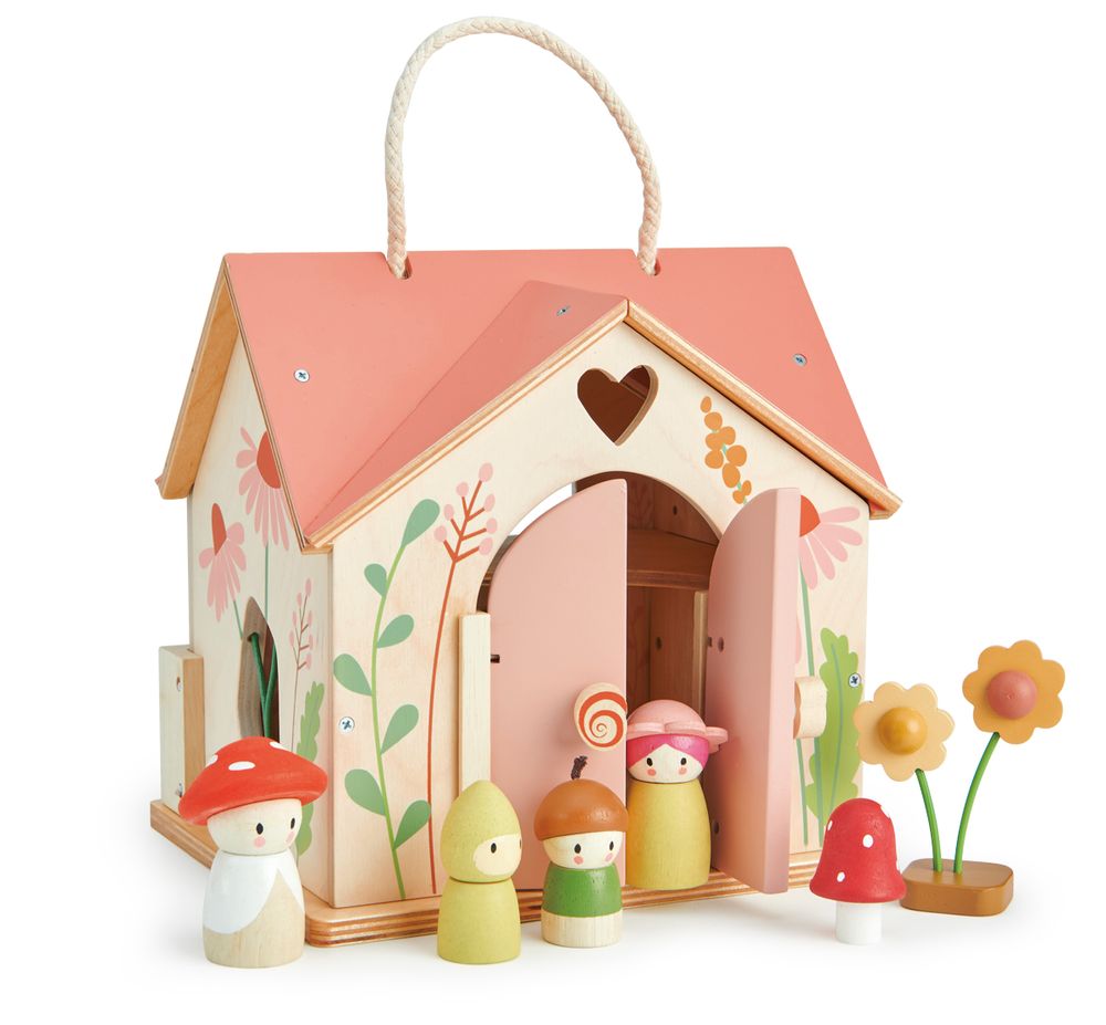 Jouets enfants - Tender Leaf Maison de Poupée: CHALET 'ROSEWOOD' 42x40x31cm, avec poignée et  accessoires, en bois, en boîte 42,2x8x27,5cm, 3+ - UGEARS