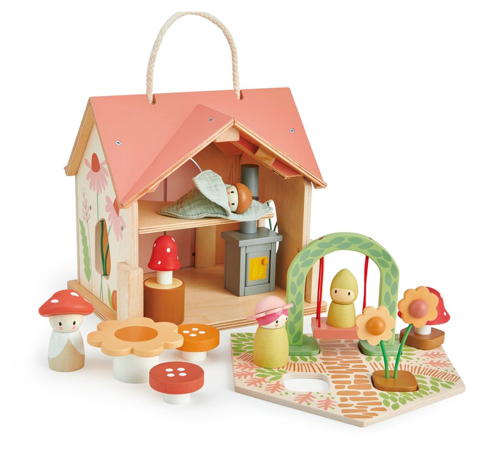 Jouets enfants - Tender Leaf Maison de Poupée: CHALET 'ROSEWOOD' 42x40x31cm, avec poignée et  accessoires, en bois, en boîte 42,2x8x27,5cm, 3+ - UGEARS