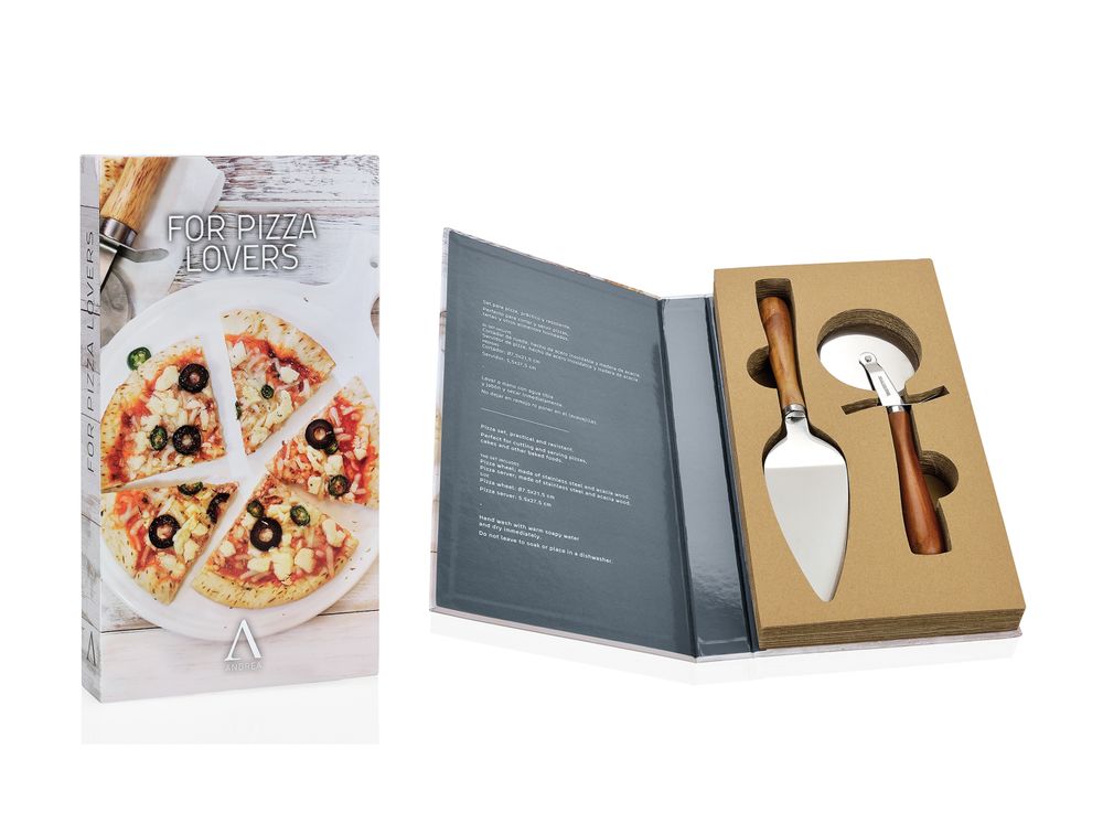 Ustensiles de cuisine - Coupe-pizza et serveur, acier inoxydable et acacia 18x32x4 cm CC68031 - ANDREA HOUSE