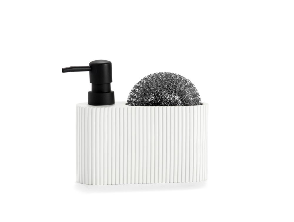 Ustensiles de cuisine - Distributeur de savon en polyrésine White Stripes avec récureuse 16,5x5,5x15 cm CC71086 - ANDREA HOUSE
