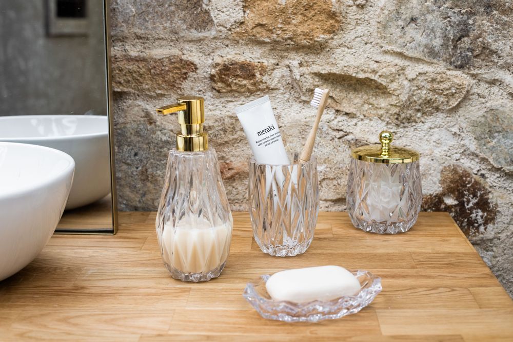 Installation accessories - Rhomb glass and gold cotton pad canister Ø9.5x14 cm BA71076 - ANDREA HOUSE